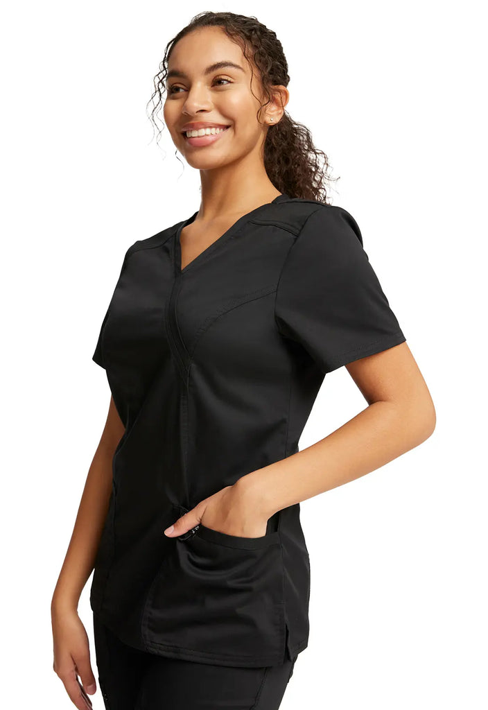 Cherokee Scrubs 3-Pocket Mock Wrap Top Black | scrub-supply.com