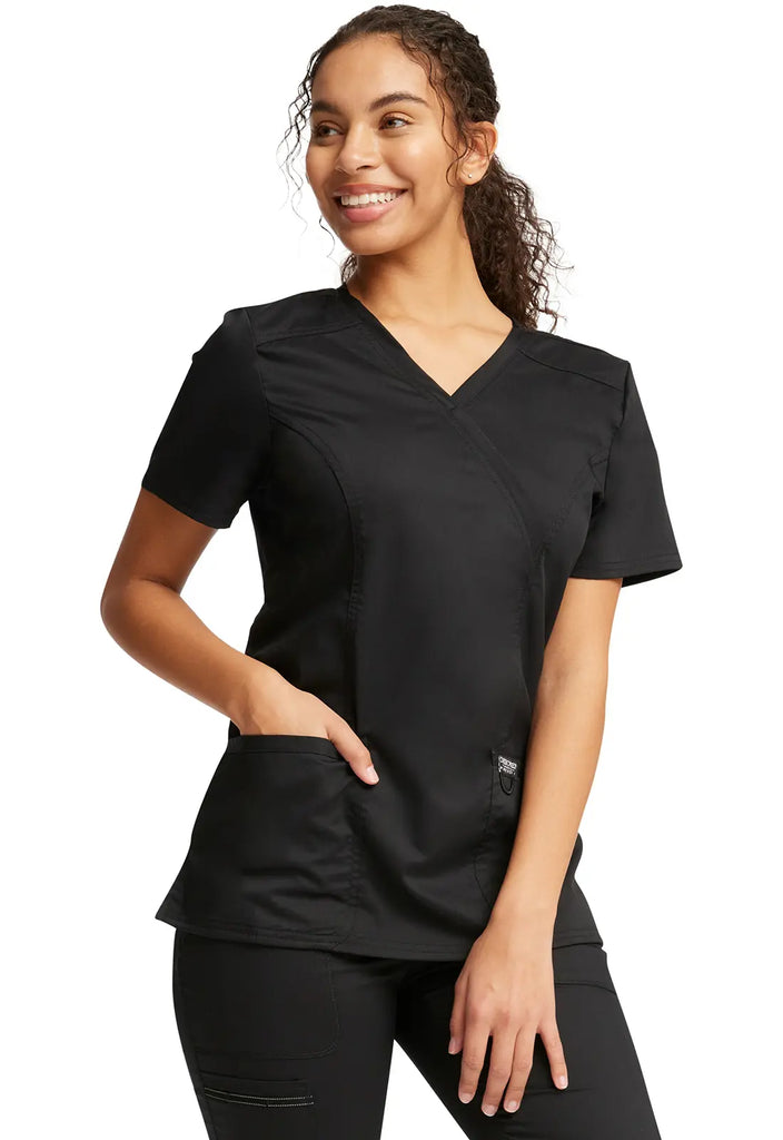 Cherokee Scrubs 3-Pocket Mock Wrap Top Black | scrub-supply.com