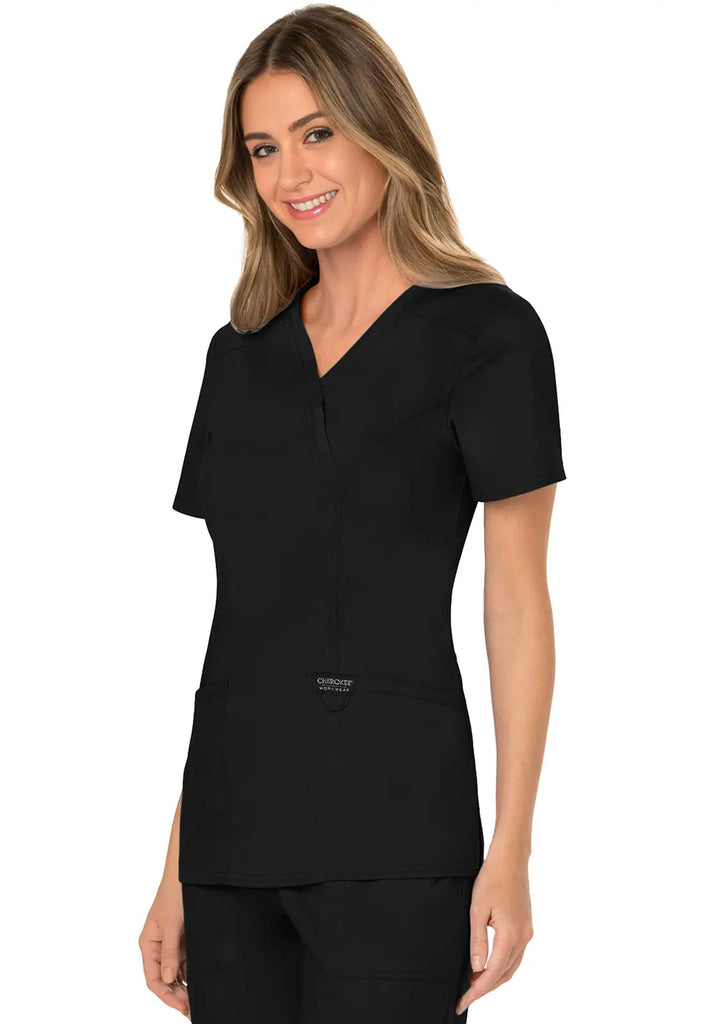 Cherokee Scrubs Women's 3-Pocket Mock Wrap Top Black | scrub-supply.com