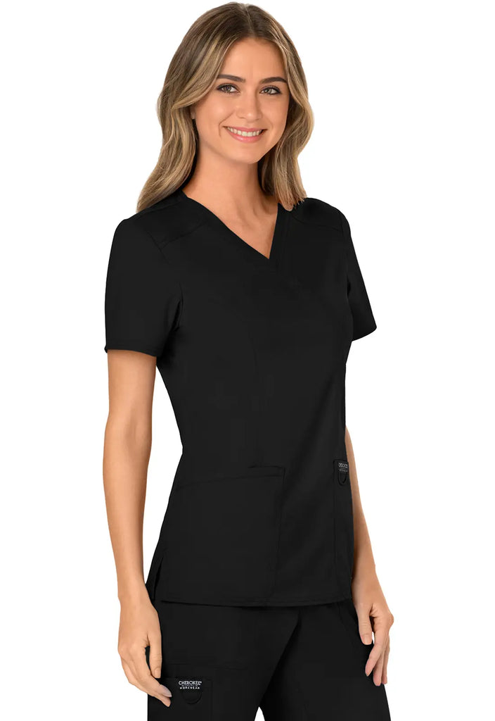 Cherokee Scrubs Women's 3-Pocket Mock Wrap Top Black | scrub-supply.com