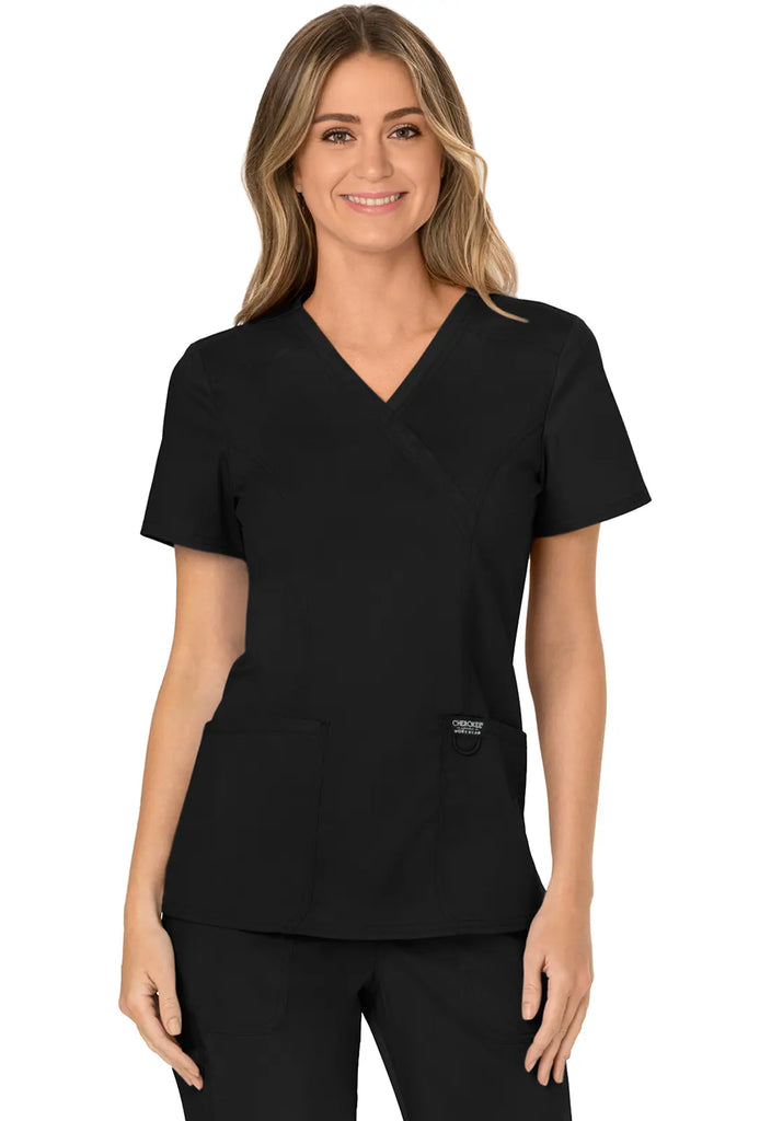 Cherokee Scrubs Women's 3-Pocket Mock Wrap Top Black | scrub-supply.com