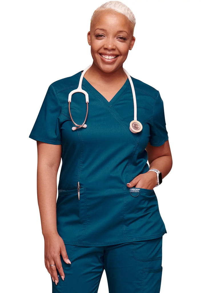 Cherokee Scrubs 3-Pocket Mock Wrap Top Caribbean Blue | scrub-supply.com