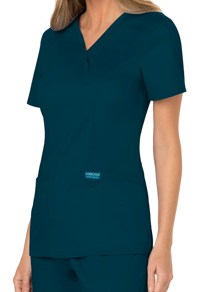 Cherokee Scrubs 3-Pocket Mock Wrap Top Caribbean Blue | scrub-supply.com