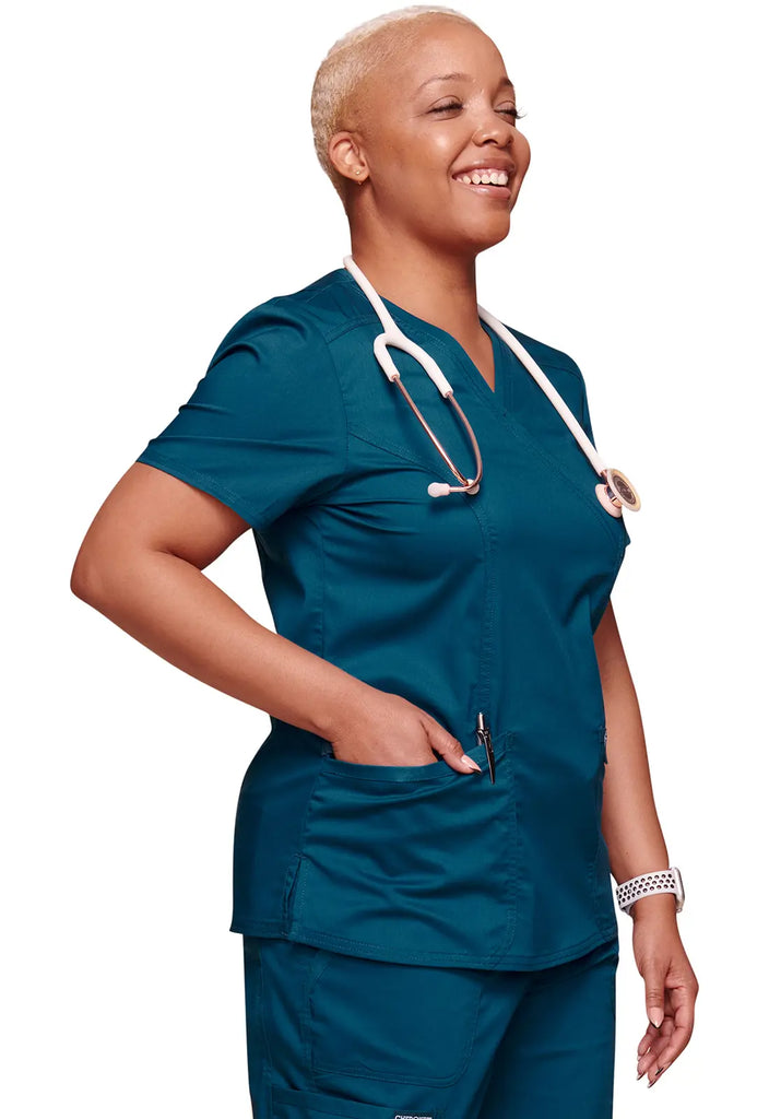 Cherokee Scrubs 3-Pocket Mock Wrap Top Caribbean Blue | scrub-supply.com