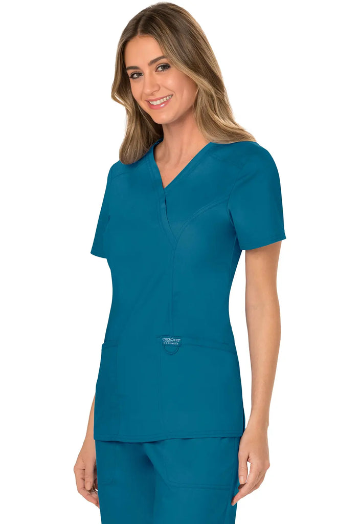 Cherokee Scrubs Women's 3-Pocket Mock Wrap Top Caribbean Blue | scrub-supply.com