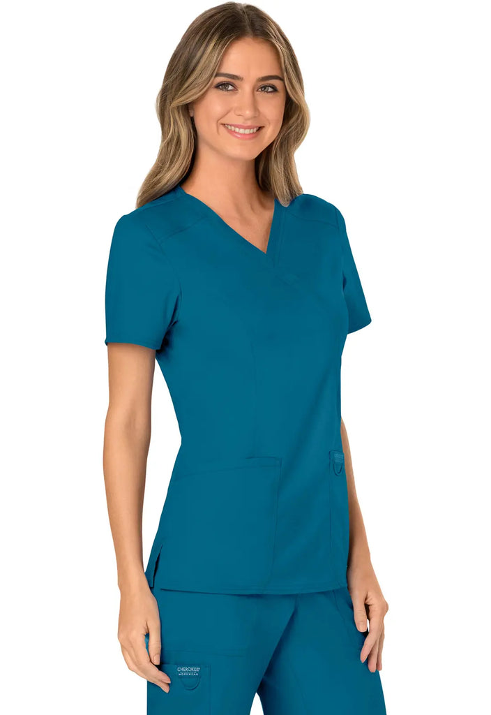 Cherokee Scrubs Women's 3-Pocket Mock Wrap Top Caribbean Blue | scrub-supply.com