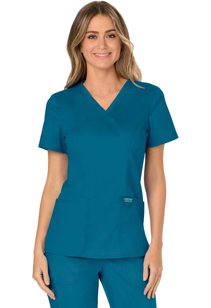 Cherokee Scrubs Women's 3-Pocket Mock Wrap Top Caribbean Blue | scrub-supply.com