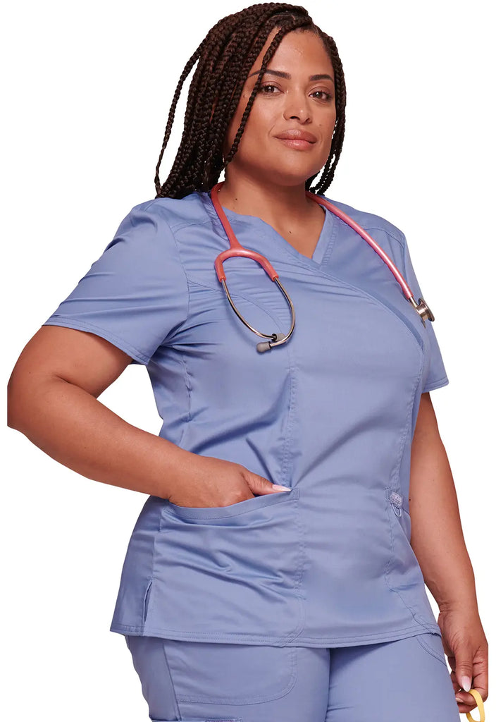 Cherokee Scrubs 3-Pocket Mock Wrap Top Ceil Blue | scrub-supply.com