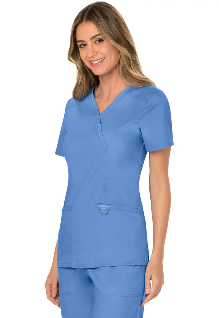 Cherokee Scrubs Women's 3-Pocket Mock Wrap Top Ceil Blue | scrub-supply.com