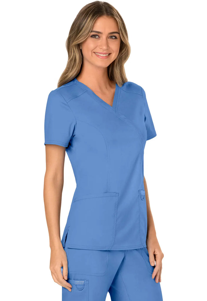 Cherokee Scrubs Women's 3-Pocket Mock Wrap Top Ceil Blue | scrub-supply.com