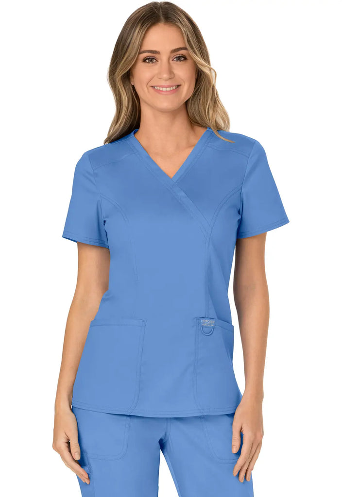 Cherokee Scrubs Women's 3-Pocket Mock Wrap Top Ceil Blue | scrub-supply.com