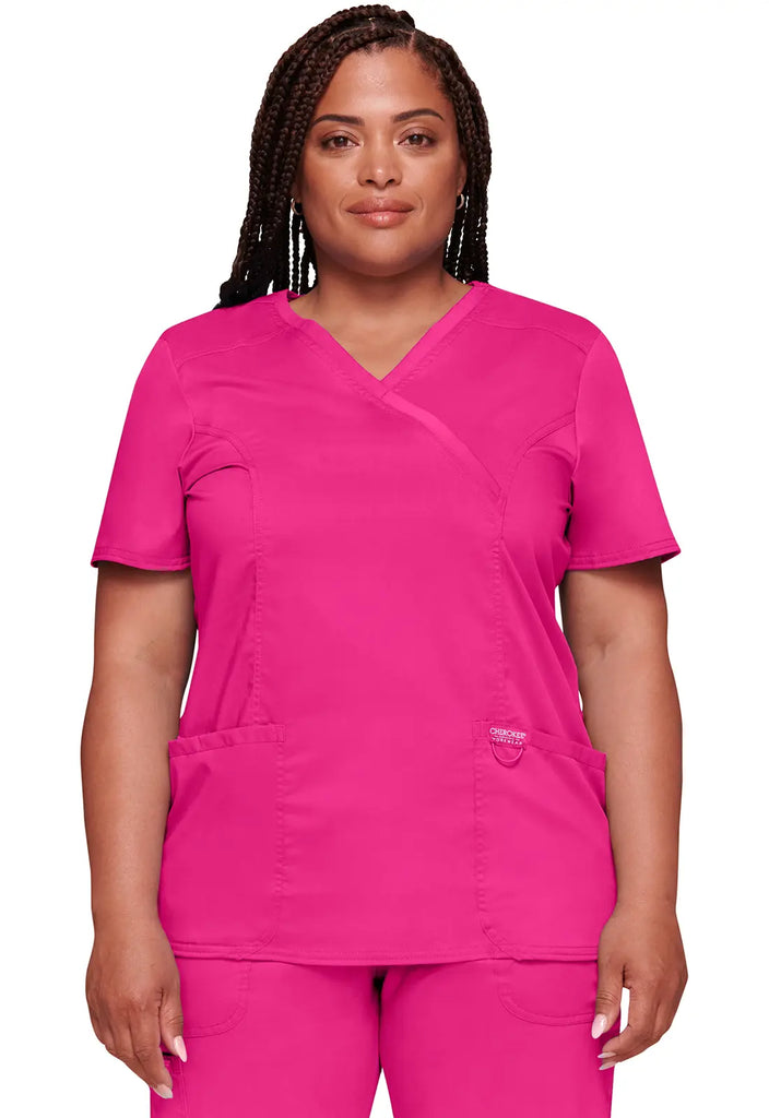 Cherokee Scrubs 3-Pocket Mock Wrap Top Electric Pink | scrub-supply.com