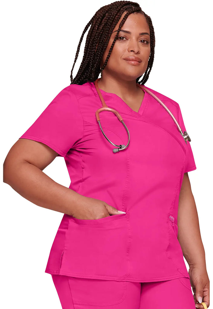 Cherokee Scrubs 3-Pocket Mock Wrap Top Electric Pink | scrub-supply.com