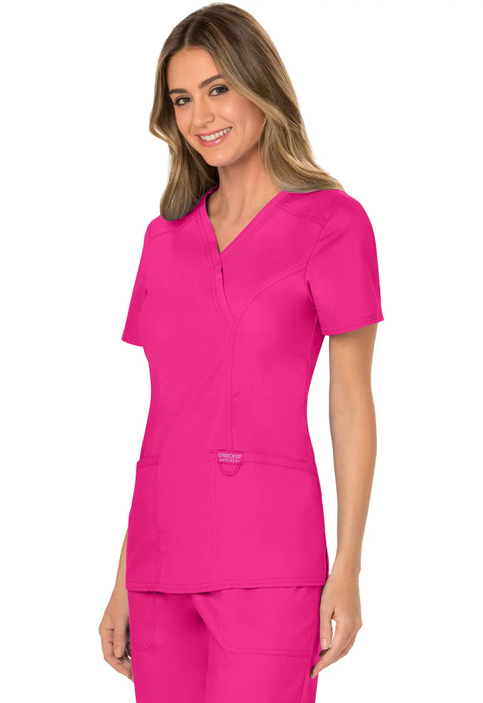 Cherokee Scrubs Women's 3-Pocket Mock Wrap Top Electric Pink | scrub-supply.com