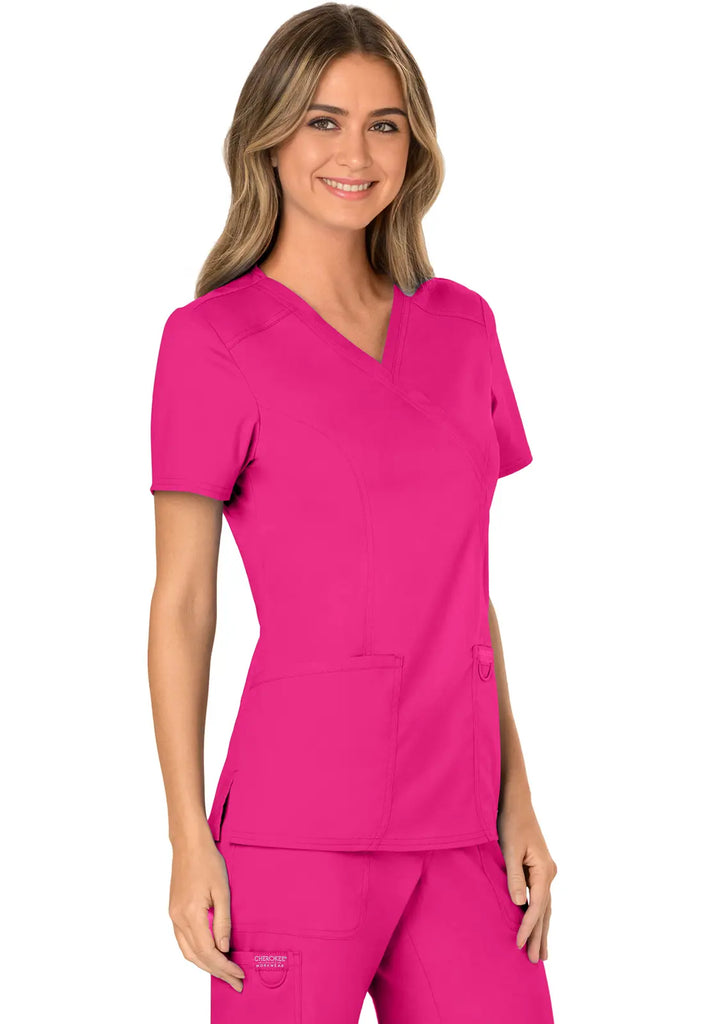 Cherokee Scrubs Women's 3-Pocket Mock Wrap Top Electric Pink | scrub-supply.com