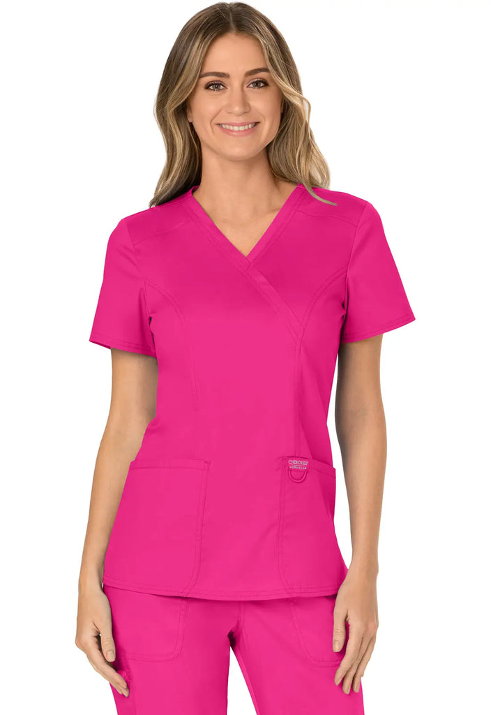 Cherokee Scrubs Women's 3-Pocket Mock Wrap Top Electric Pink | scrub-supply.com