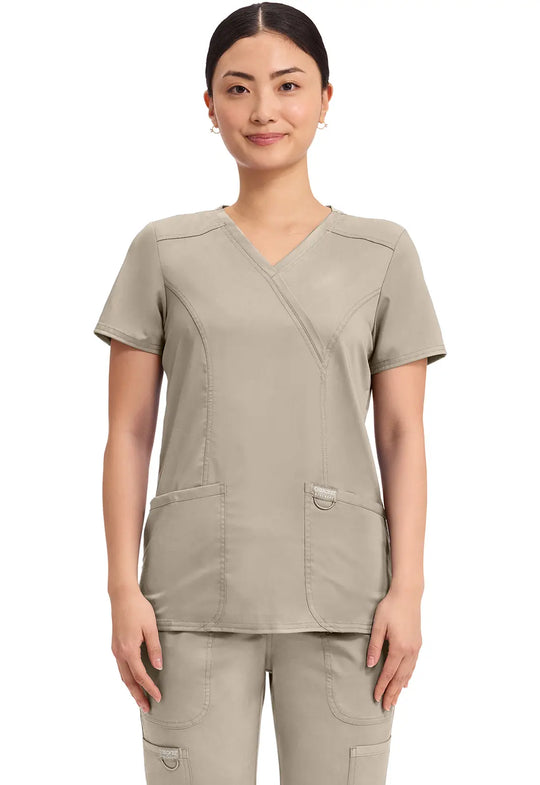 Cherokee Scrubs Women's Revolution Mock Wrap Top Khaki | scrub-supply.com