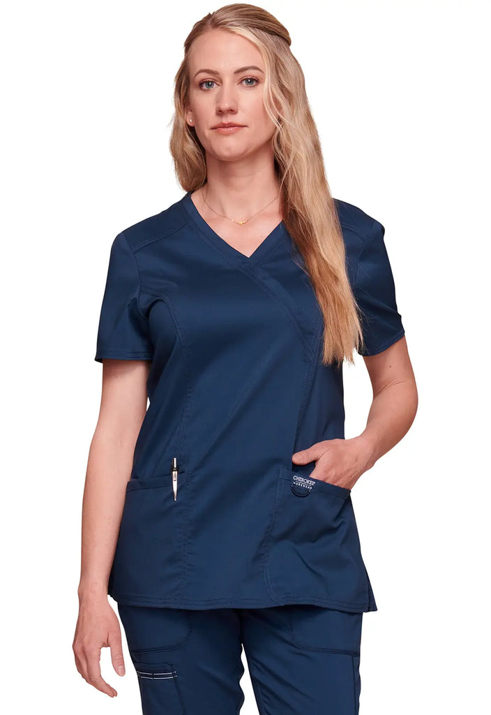 Cherokee Scrubs Women's 3-Pocket Mock Wrap Top Navy | scrub-supply.com