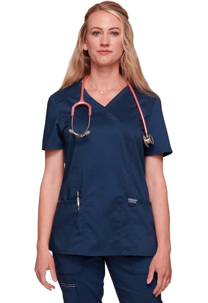 Cherokee Scrubs Women's 3-Pocket Mock Wrap Top Navy | scrub-supply.com