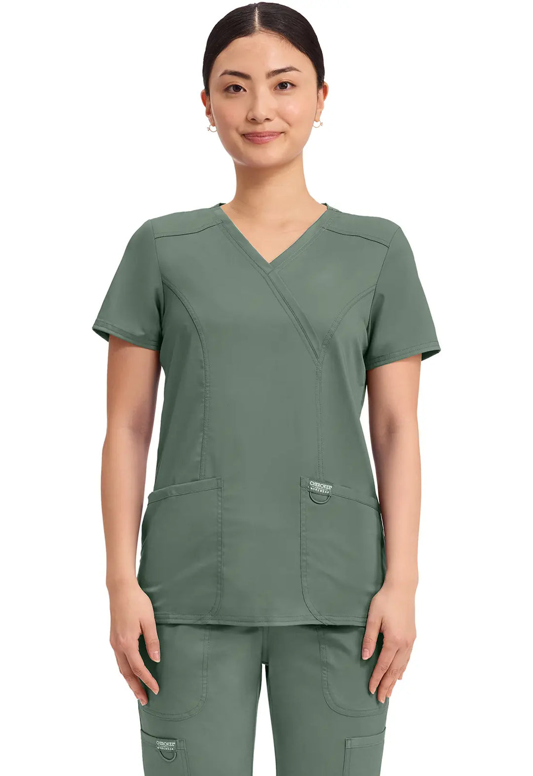 Cherokee Scrubs Women's Revolution Mock Wrap Top Olive | scrub-supply.com