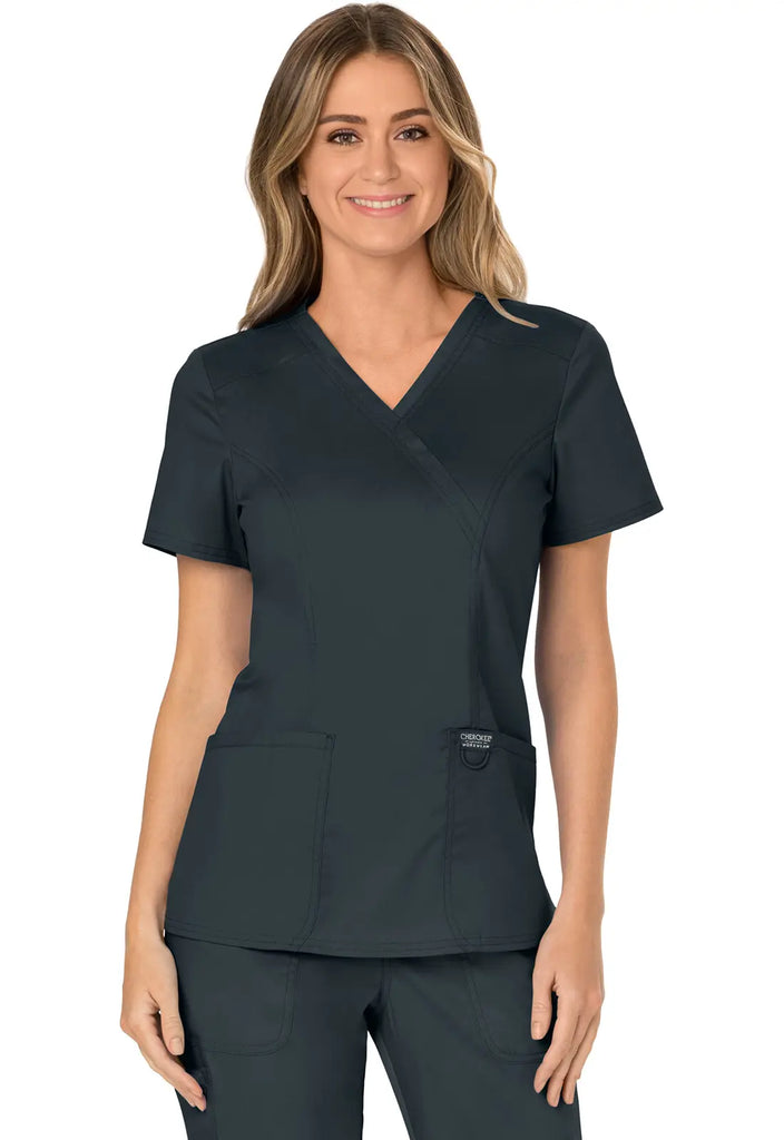 Cherokee Scrubs Women's 3-Pocket Mock Wrap Top Pewter | scrub-supply.com