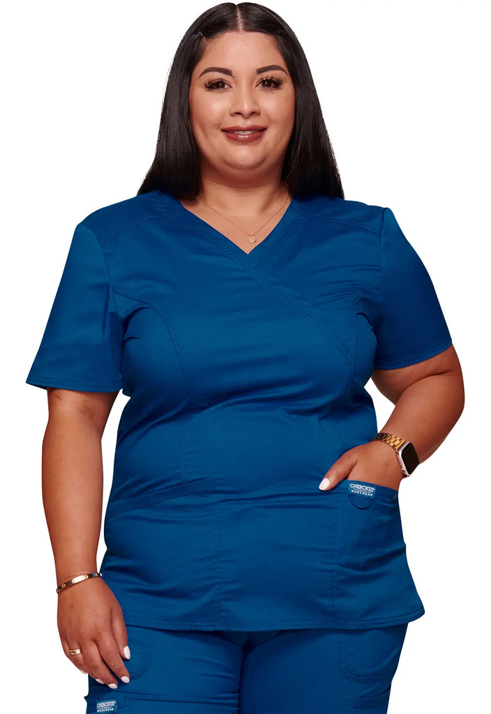 Cherokee Scrubs 3-Pocket Mock Wrap Top Royal Blue | scrub-supply.com