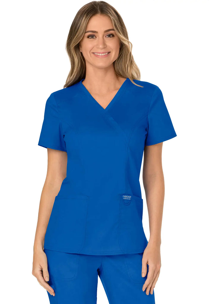 Cherokee Scrubs Women's 3-Pocket Mock Wrap Top Royal Blue | scrub-supply.com