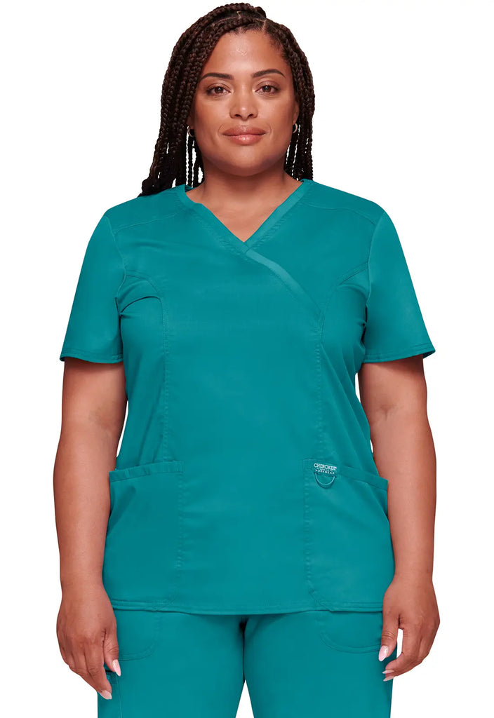 Cherokee Scrubs 3-Pocket Mock Wrap Top Teal | scrub-supply.com