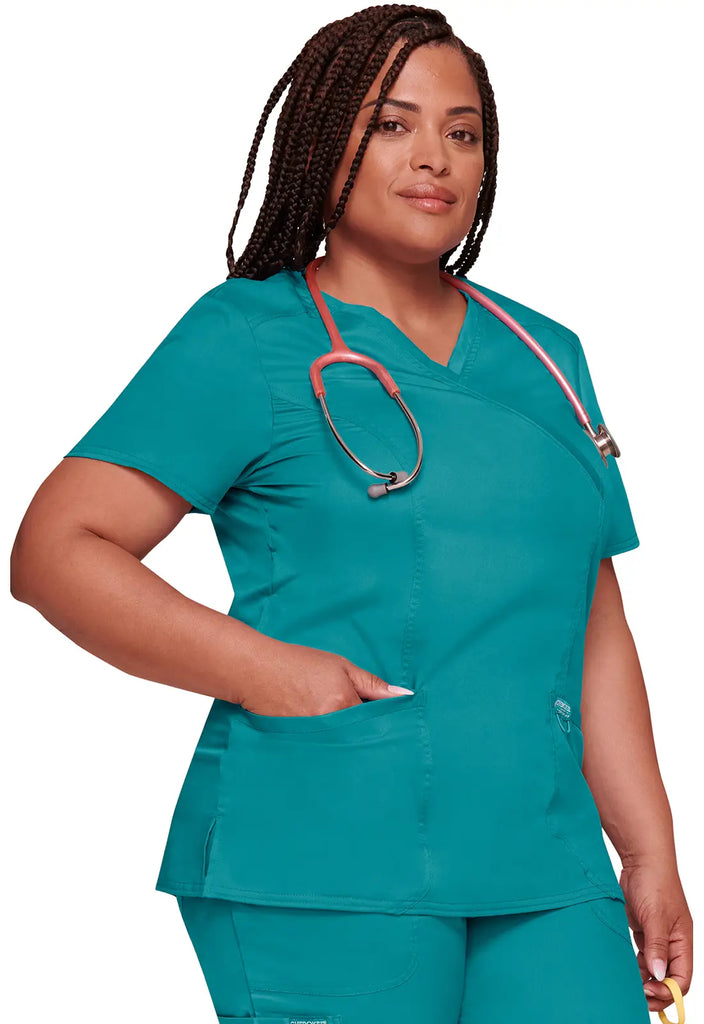 Cherokee Scrubs 3-Pocket Mock Wrap Top Teal | scrub-supply.com