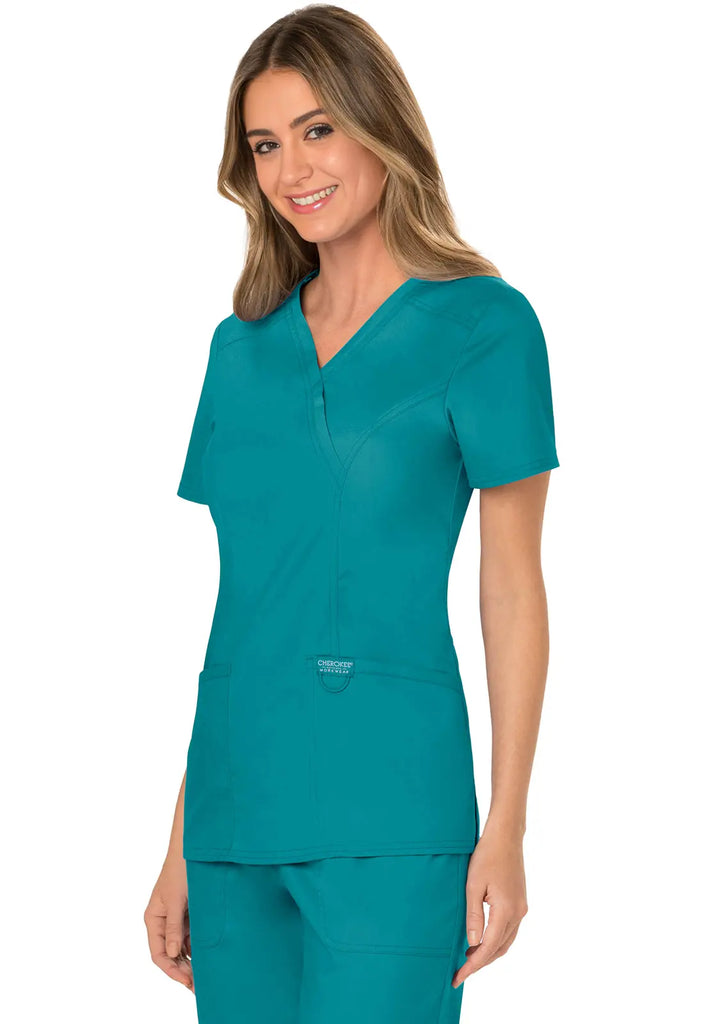 Cherokee Scrubs Women's 3-Pocket Mock Wrap Top Teal | scrub-supply.com