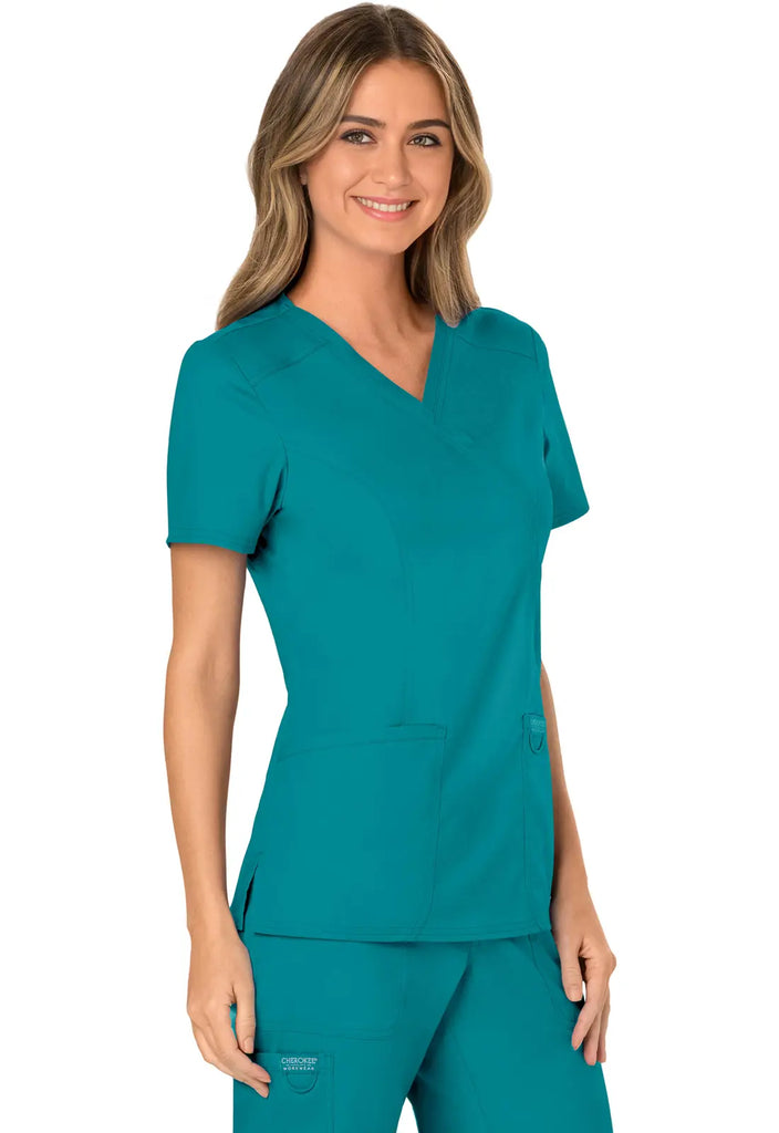 Cherokee Scrubs Women's 3-Pocket Mock Wrap Top Teal | scrub-supply.com