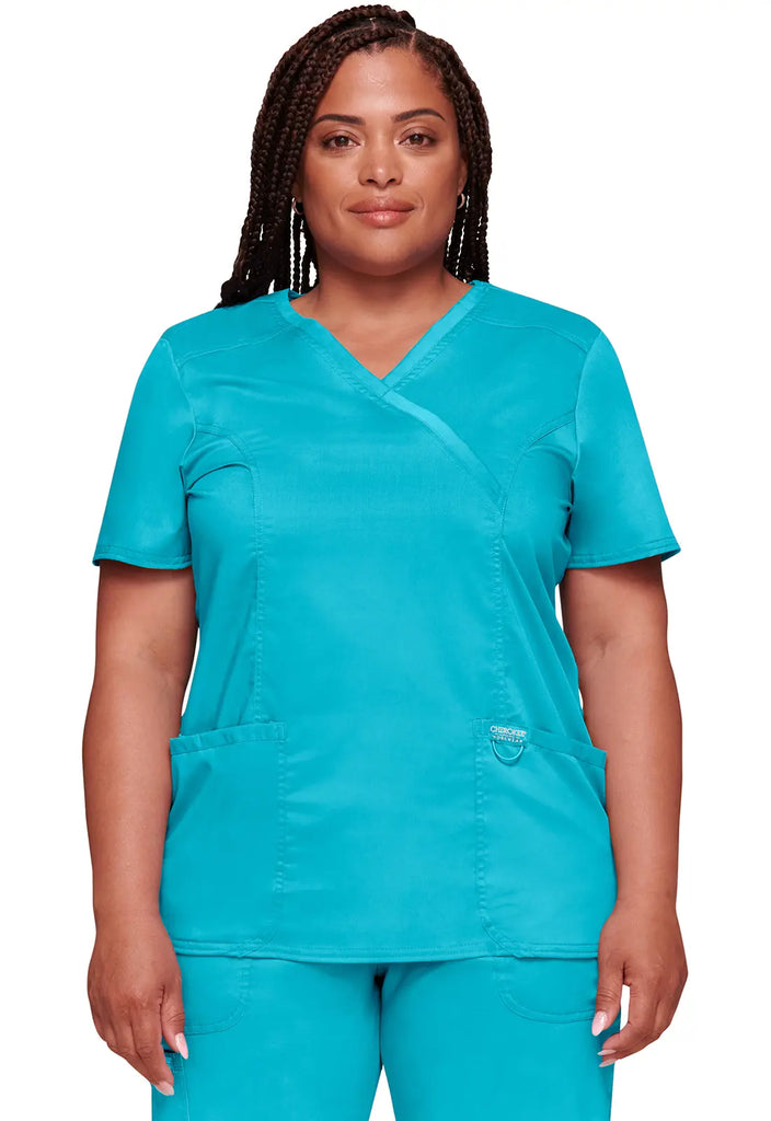 Cherokee Scrubs 3-Pocket Mock Wrap Top Turquoise | scrub-supply.com