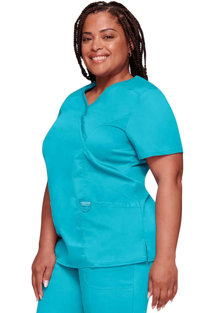 Cherokee Scrubs 3-Pocket Mock Wrap Top Turquoise | scrub-supply.com