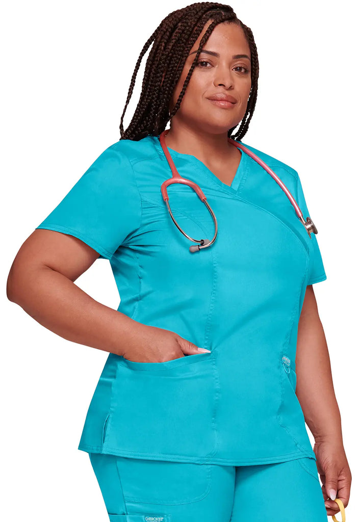 Cherokee Scrubs 3-Pocket Mock Wrap Top Turquoise | scrub-supply.com