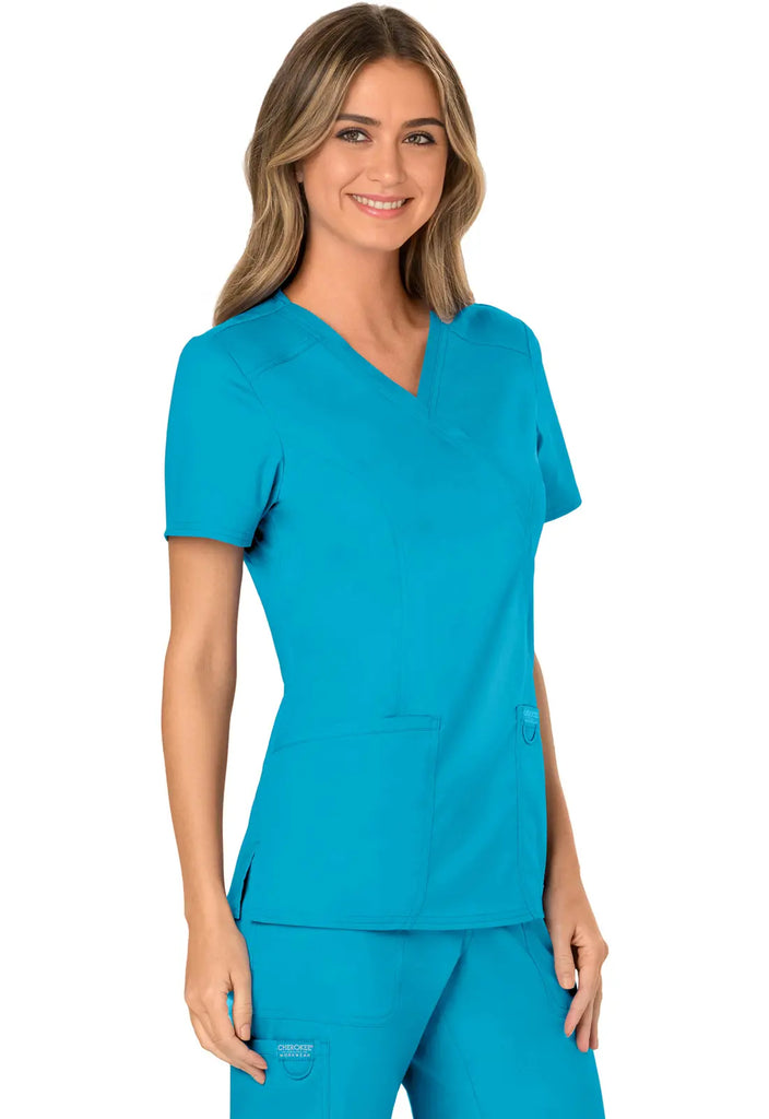 Cherokee Scrubs Women's 3-Pocket Mock Wrap Top Turquoise | scrub-supply.com