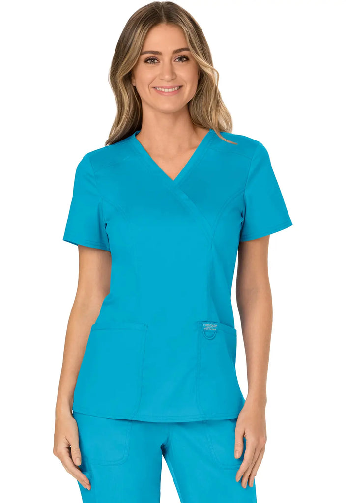 Cherokee Scrubs Women's 3-Pocket Mock Wrap Top Turquoise | scrub-supply.com