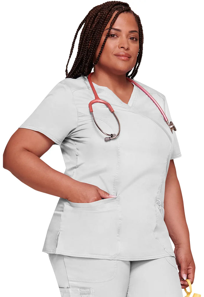 Cherokee Scrubs 3-Pocket Mock Wrap Top White | scrub-supply.com