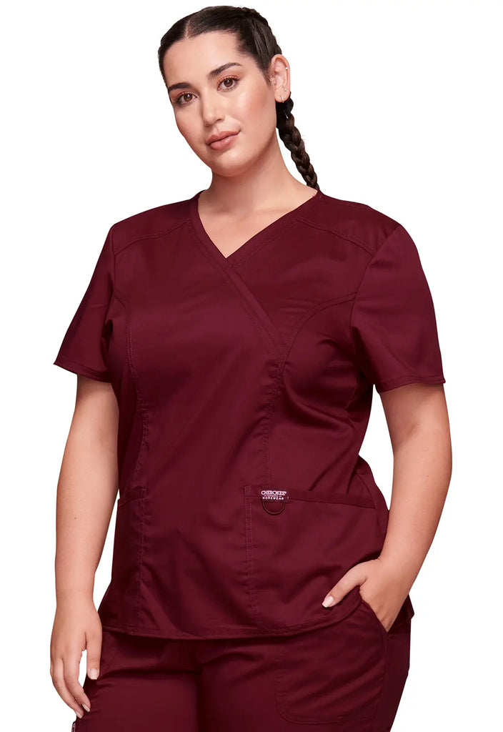 Cherokee Scrubs 3-Pocket Mock Wrap Top Wine | scrub-supply.com