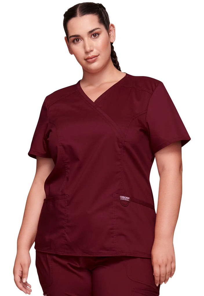 Cherokee Scrubs 3-Pocket Mock Wrap Top Wine | scrub-supply.com