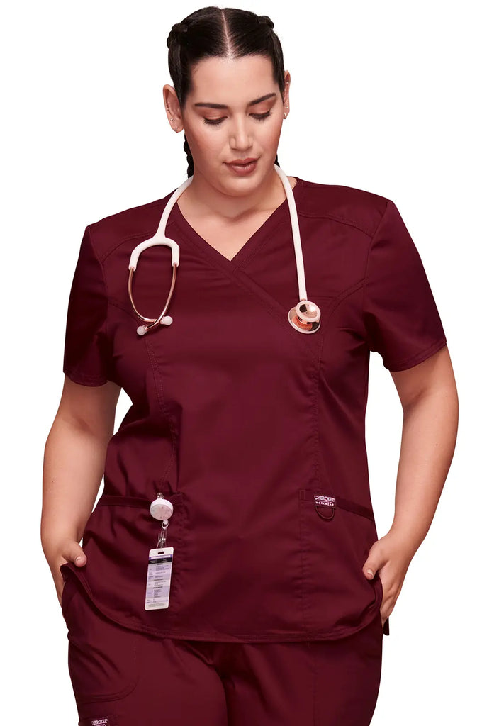 Cherokee Scrubs 3-Pocket Mock Wrap Top Wine | scrub-supply.com