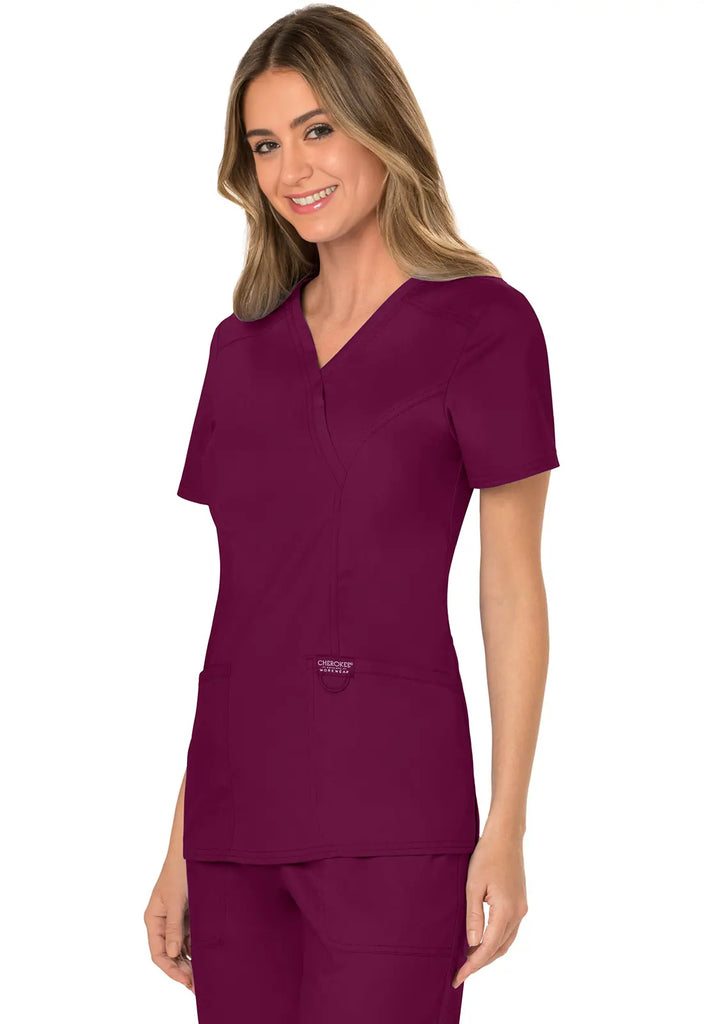 Cherokee Scrubs Women's 3-Pocket Mock Wrap Top Wine | scrub-supply.com