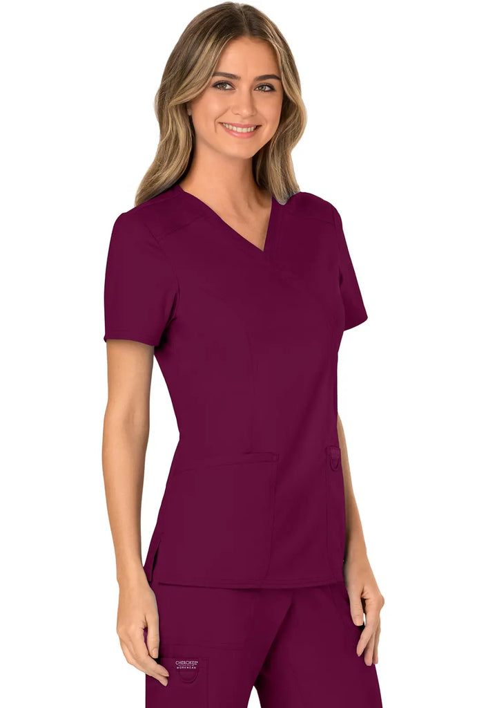 Cherokee Scrubs Women's 3-Pocket Mock Wrap Top Wine | scrub-supply.com