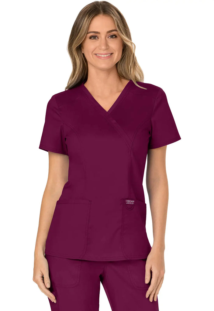 Cherokee Scrubs Women's 3-Pocket Mock Wrap Top Wine | scrub-supply.com