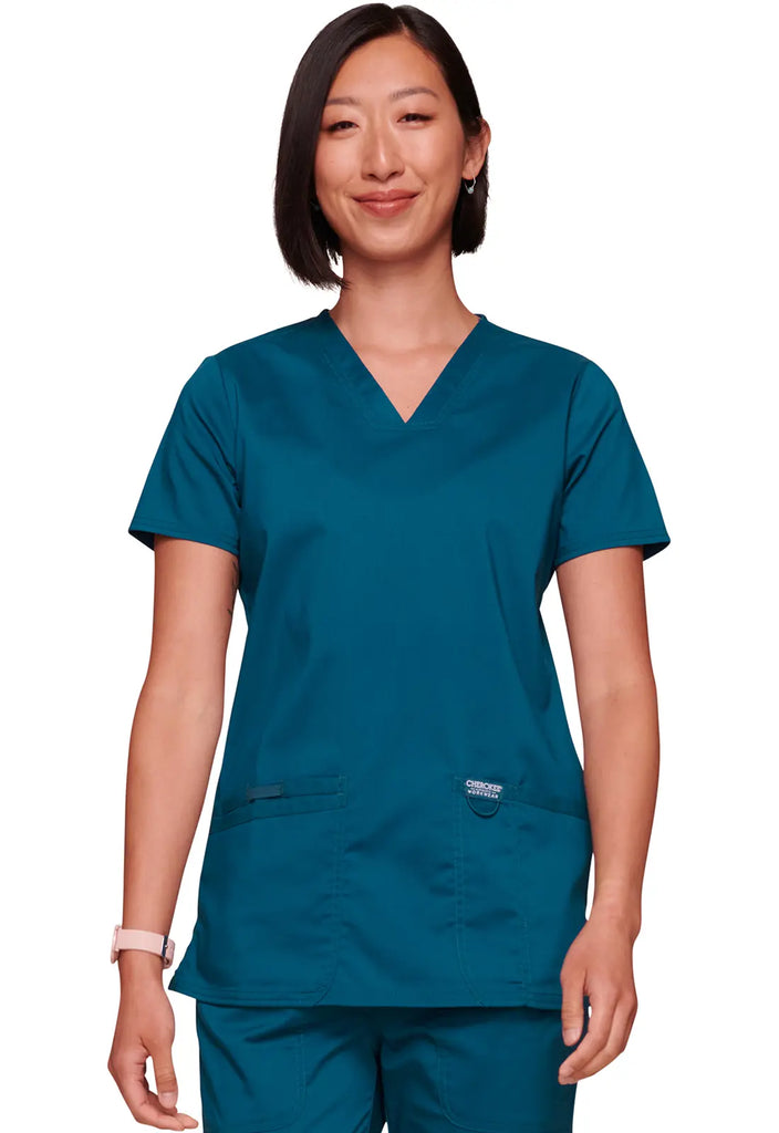 Cherokee Scrubs Women's Revolution 3-Pocket V-Neck Top Caribbean Blue | scrub-supply.com