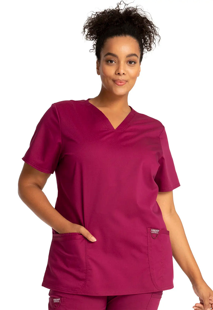 Cherokee Scrubs Revolution 3-Pocket V-Neck Top Wine | scrub-supply.com