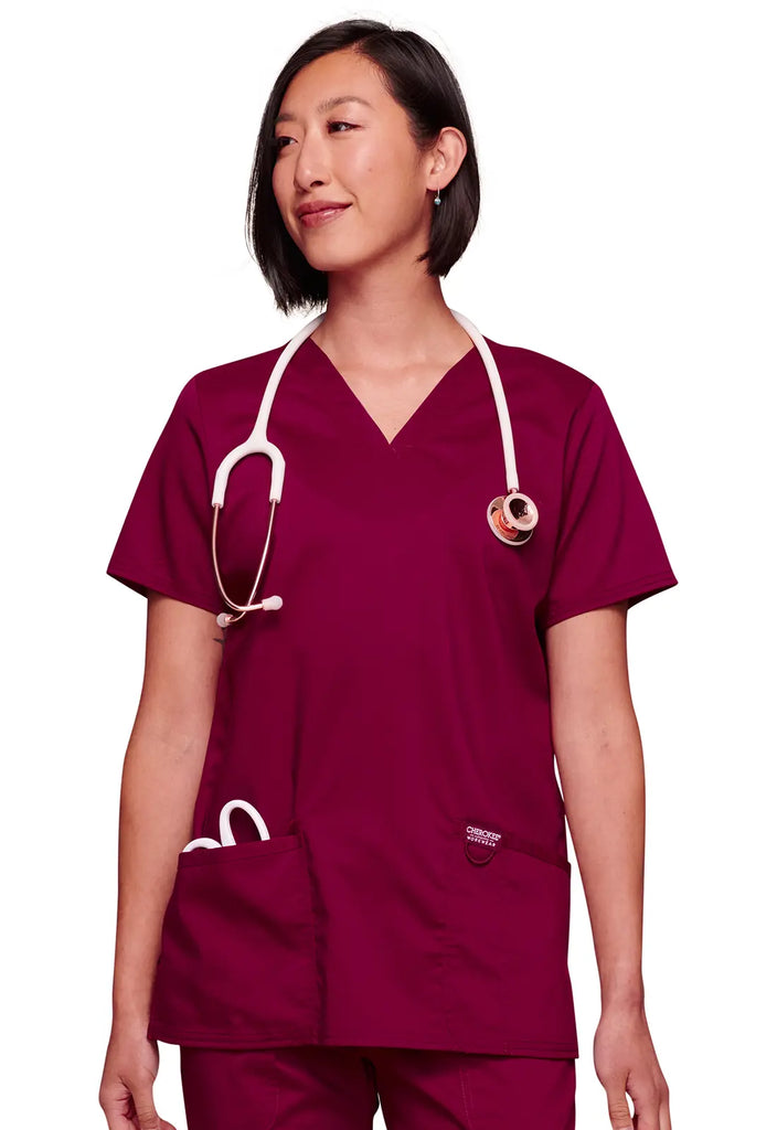 Cherokee Scrubs Women's Revolution 3-Pocket V-Neck Top Wine | scrub-supply.com