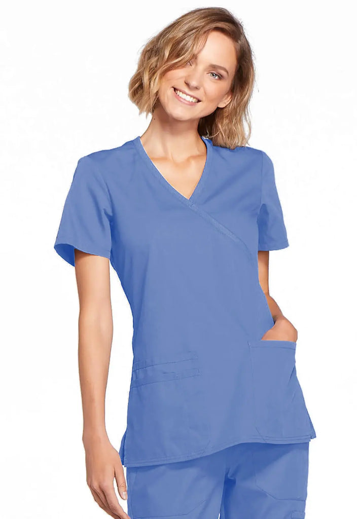 Cherokee Scrubs Women's Mock Wrap Top Ceil Blue | scrub-supply.com