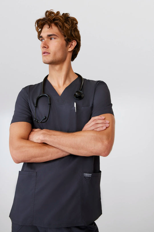 Cherokee Scrubs Men's 3-Pocket V-Neck Top Pewter | scrub-supply.com