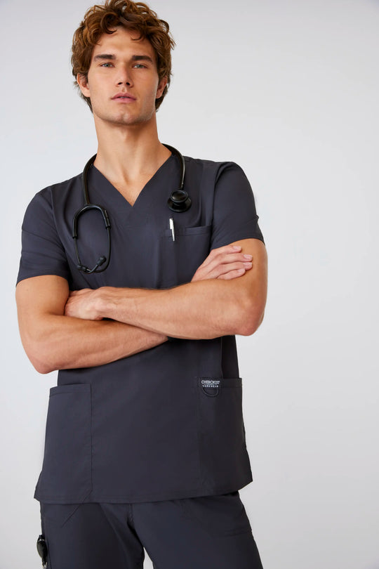 Cherokee Scrubs Men's 3-Pocket V-Neck Top Pewter | scrub-supply.com