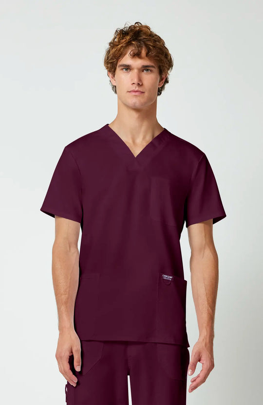 Cherokee Scrubs Men's 3-Pocket V-Neck Top Wine | scrub-supply.com